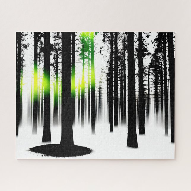 Puzzle Resumen del bosque blanco y negro con brillo verde (Horizontal)