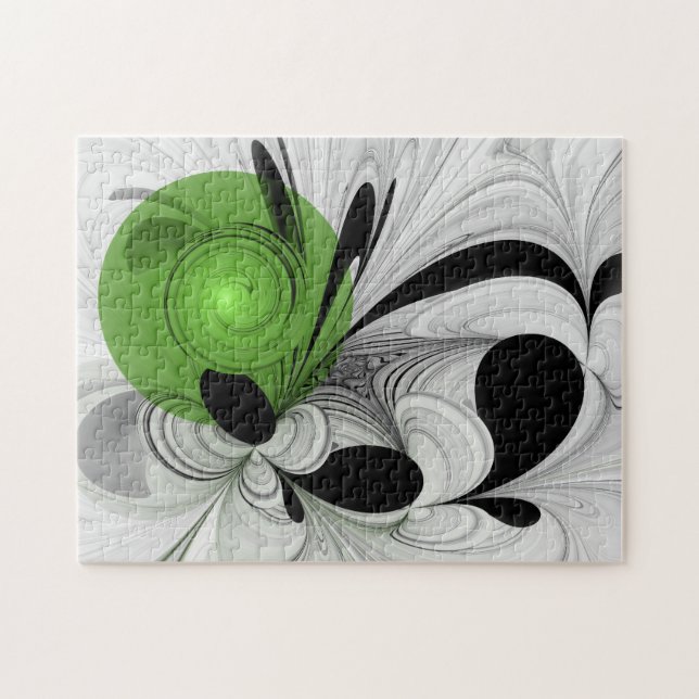 Puzzle Resumen en blanco y negro con arte fractal verde (Horizontal)