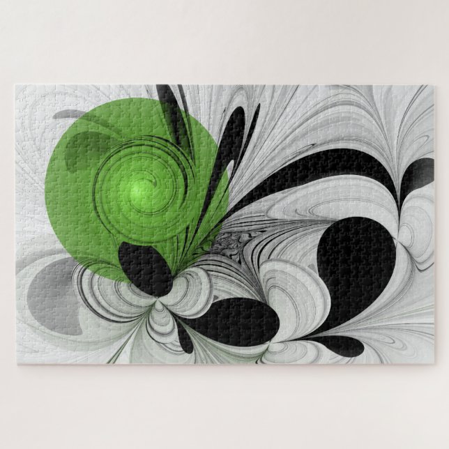 Puzzle Resumen en blanco y negro con arte fractal verde (Horizontal)
