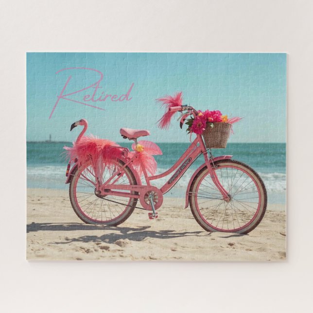 Puzzle Retired Cute Pink Flamingo Bicycle on Beach (Horizontal)