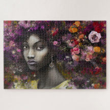 Retrato caprichoso de mujer negra con pelo floral