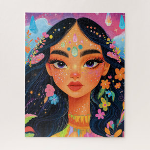 Puzzle Retrato Chica encantado con flores y cristales