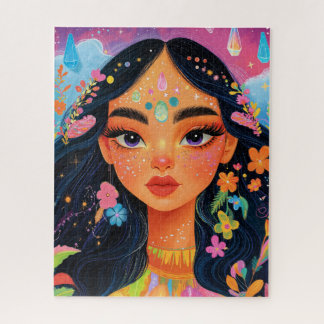 Puzzle Retrato Chica encantado con flores y cristales