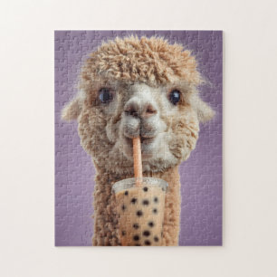 Puzzle Retrato de Alpaca Esponjosa Bebiendo Boba Bubble T