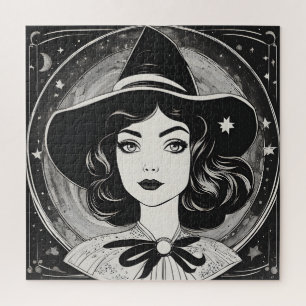 Puzzle Retrato de Bruja Vintage en Blanco y Negro Retro