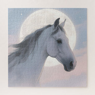 Puzzle Retrato de caballo blanco a la luz de la luna