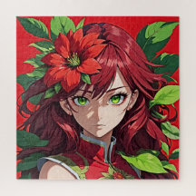 Retrato de cabello rojo vibrante y flor