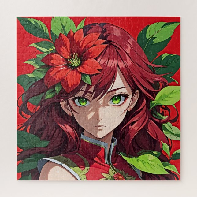 Puzzle Retrato de cabello rojo vibrante y flor (Vertical)