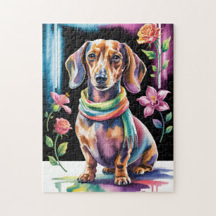 Puzzle Retrato de Dachshund en luz de neón y marco floral