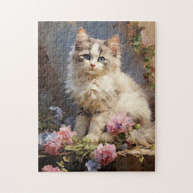 Puzzle Retrato de gato de Ragdoll con flores (Vertical)