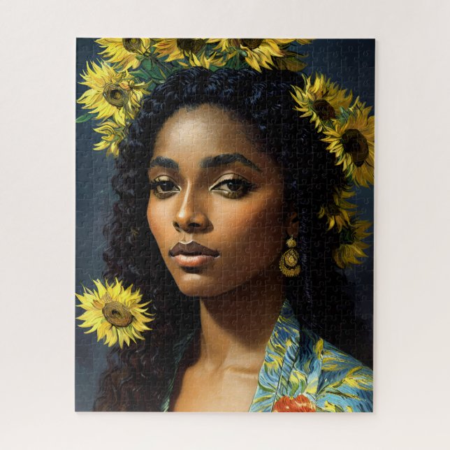 Puzzle Retrato de girasol de mujer negra estilo Van Gogh (Vertical)