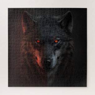Puzzle Retrato de lobo oscuro con ojos ardientes y luz ro