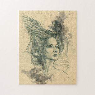 Puzzle Retrato de mujer con cráneo de ave y alas Surreali