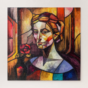 Puzzle Retrato de mujer de vidrio templado con Rosa