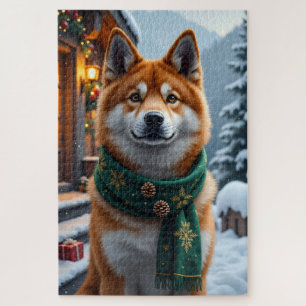 Puzzle Retrato de Navidad del American Akita en Lodge de 