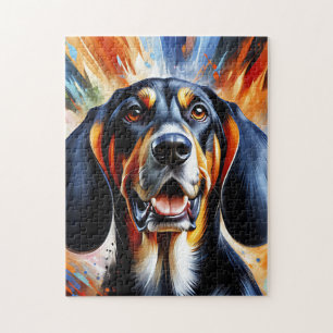 Puzzle Retrato de perro Coonhound negro y fuego Arte acrí