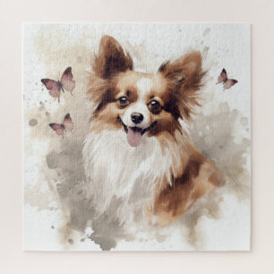 Puzzle Retrato de perro Papillon con mariposas rosadas