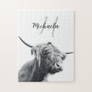 Puzzle Retrato de vaca Highland monograma inicial blanco 