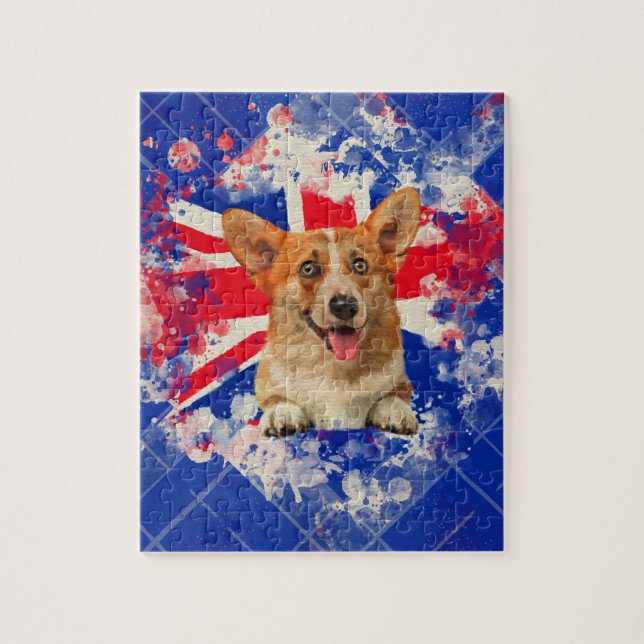 Puzzle Retrato del Corgi con la bandera de Gran Bretaña (Vertical)