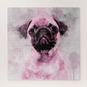 Puzzle Retrato en acuarela de perro Pug rosa 02