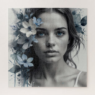 Puzzle Retrato floral azul de una mujer