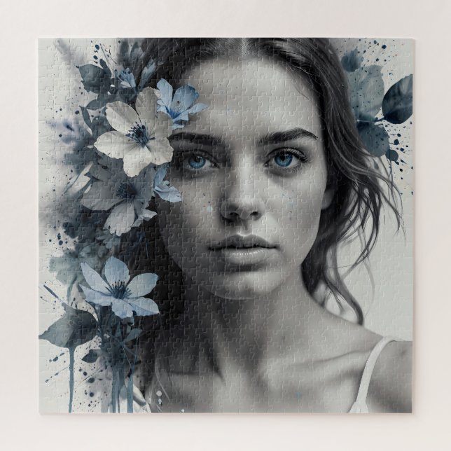 Puzzle Retrato floral azul de una mujer (Vertical)