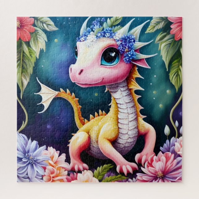 Puzzle Retrato floral Cute Baby Dragon (Vertical)