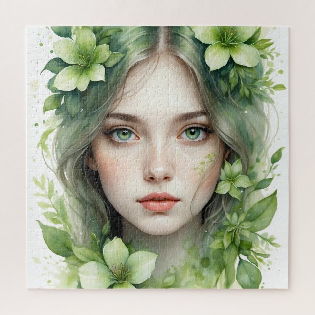 Puzzle Retrato floral verde de una mujer (Vertical)