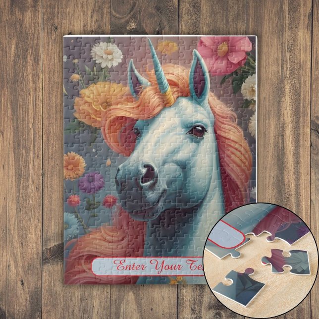 Puzzle Retrato personalizado de flores de unicornio blanc (Personalized White Unicorn Flower Portrait Jigsaw Puzzle)