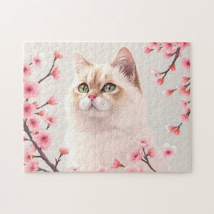 Puzzle Retrato Serene Birman Cat Con Flores De Cerezo