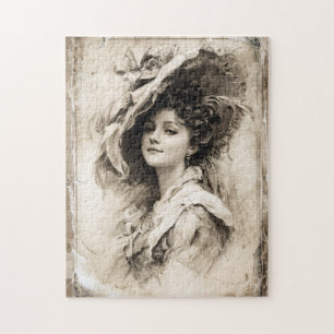 Puzzle Retrato vintage de una dama con un Gorra elegante