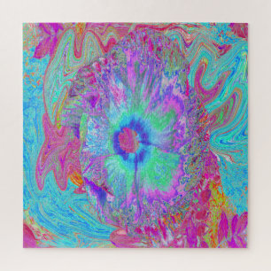 Puzzle Retro Arcoíris Psicodélico Flor de Hibisco Azul