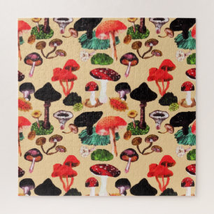 Puzzle Retro Autumn Woodland Mushroom Watercolor