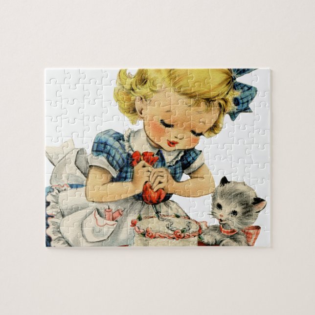 Puzzle Retro Birthday Girl Cake Cat Artwork (Horizontal)