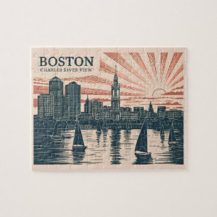 Puzzle Retro Boston Sailboat Skline Art Classic Bold