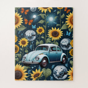 Puzzle Retro Disco Balls Sunflowers y Hippie Bug Car