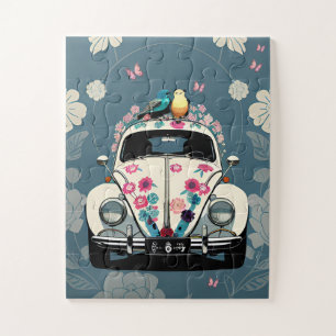 Puzzle Retro Hippie Beetle Bug Car Floral Verde azulado