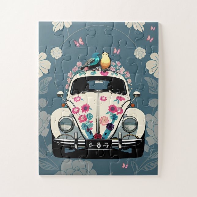 Puzzle Retro Hippie Beetle Bug Car Floral Verde azulado (Vertical)