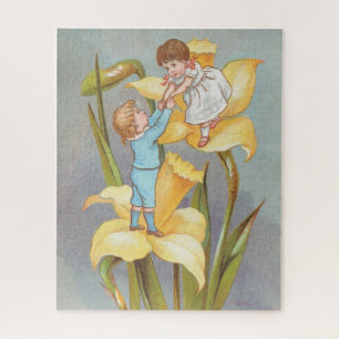Puzzle Retro lindo dulce San Valentín, niños y narcisos