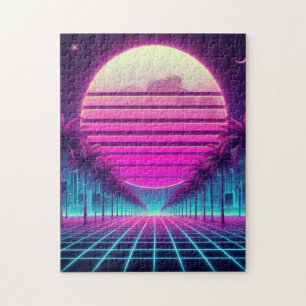 Puzzle retro, luna de neón/palmas de los años 80