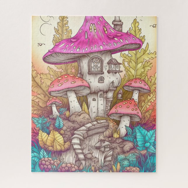Puzzle Retro Mushroom Village Ilustracion Art (Vertical)