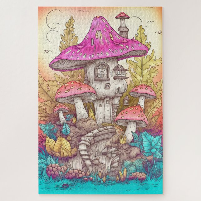 Puzzle Retro Mushroom Village Ilustracion Art (Vertical)