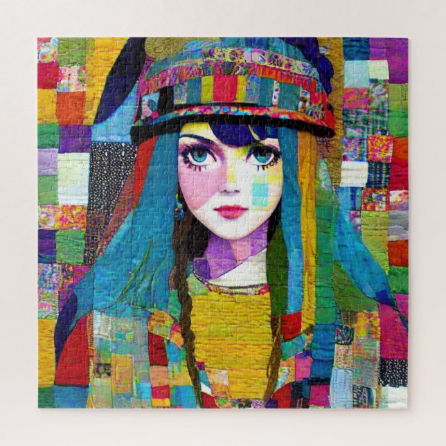 Puzzle Retro Pop Art Woman Quilt Fabric Patchwork (Vertical)