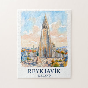 Puzzle Reykjavik Islandia Iglesia Acuarela Silueta Viajes