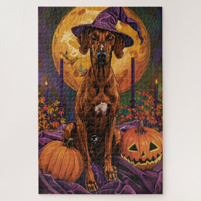Puzzle Rhodesian Ridgeback Perro Halloween Bruja Calabaza (Vertical)