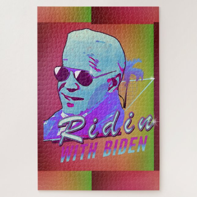 Puzzle Ridin' Con Biden Synthwave Outrun Retro Palm Tree (Vertical)