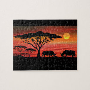 Puzzle Rinocerontes al atardecer de Serengeti