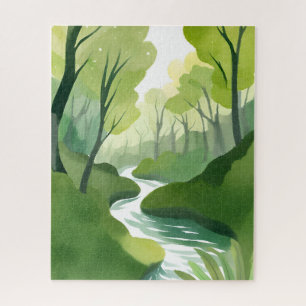 Puzzle Río de Verde Pintura en Acuarela del Bosque