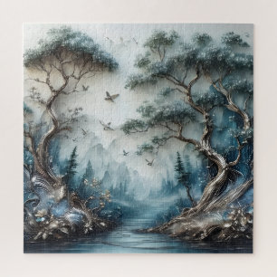 Puzzle Río pacífico del bosque y pájaros volando