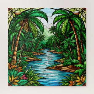 Puzzle Río tropical y palmeras en una selva vibrante